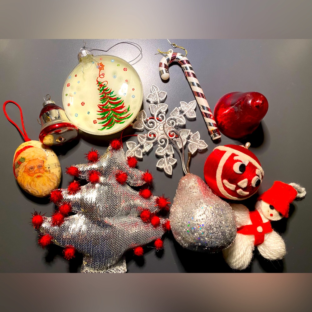 Vintage Christmas Ornament lot Shiny Brites Bradford snow baby bell tree Santa